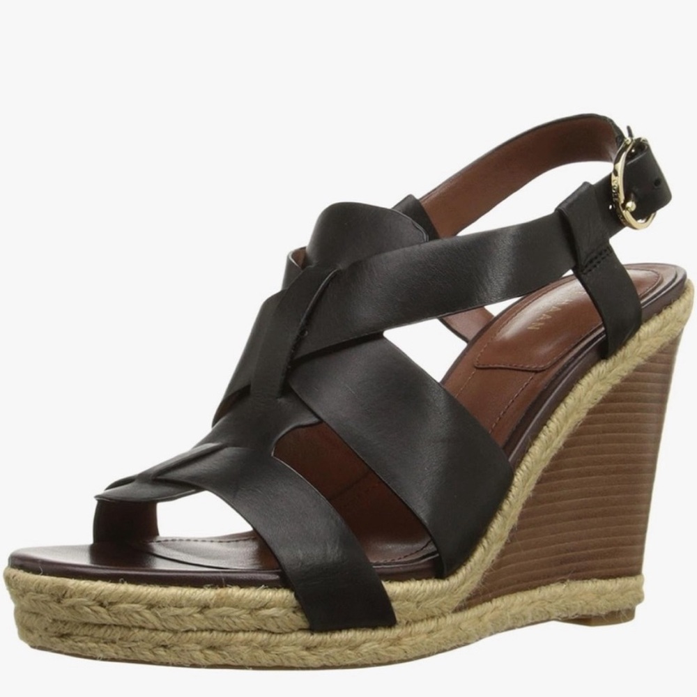 Cole Haan Breecey Black Leather High Wood Wedge 4
Inch Strappy Sandals 8.5B